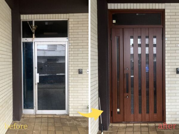 【玄関ドア交換施工例】古い店舗用ドアを気密性の高い木目調住宅用ドアへリフォーム