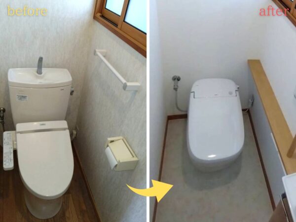 トイレリフォーム｜お掃除ラクラクなタンクレストイレへ交換・別途手洗器設置